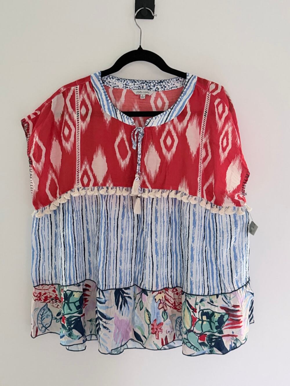 NWT John Mark  Multicolor Geometric Bohemian Tassel Floral Striped Blouse-Size L